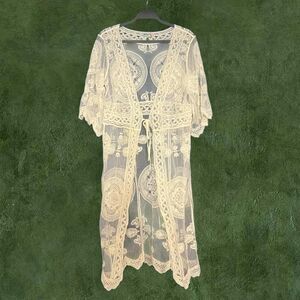 Cream Lace Kimono Style Robe Sheer Boho Cover Up